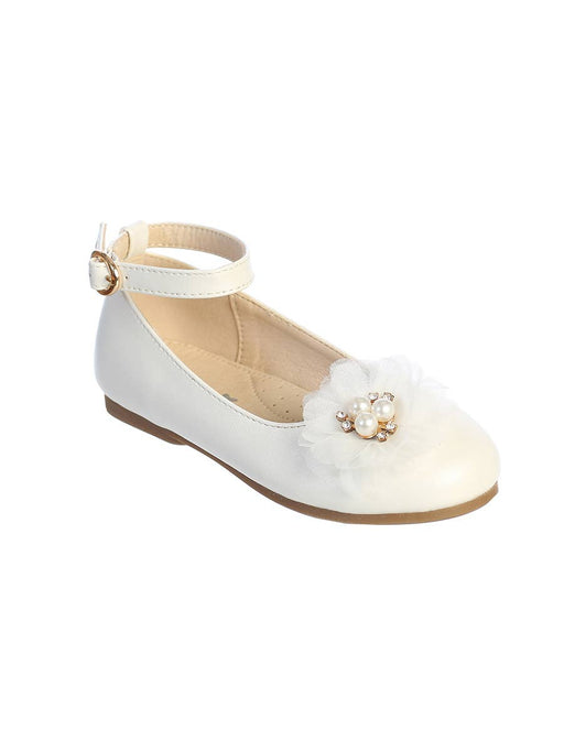First Communion Matte Flats with Layered Mesh Flower – Pearl and Rhinestone Accents – Buckle Closure – Ivory or White