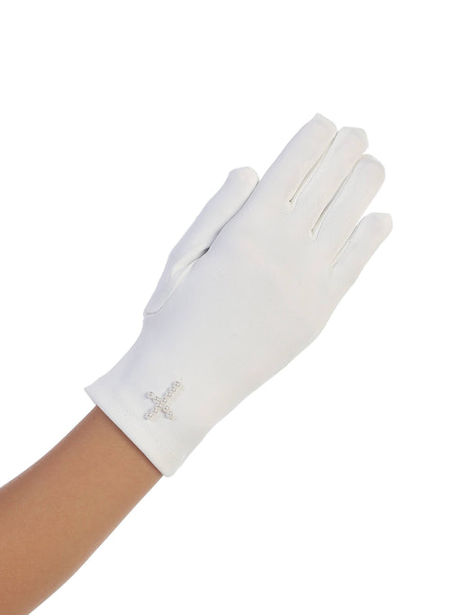 First Communion Matte Satin Gloves with Pearl Cross – White Formal Gloves for Girls