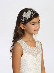 First Communion Organza Hairpiece with Rhinestones – 3 Flower Hair Accessory for Girls