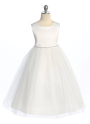 First Communion Satin Top Girls Dress with Wavy Rhinestone & Pearl Trim