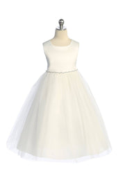 First Communion Satin Top Girls Dress with Wavy Rhinestone & Pearl Trim