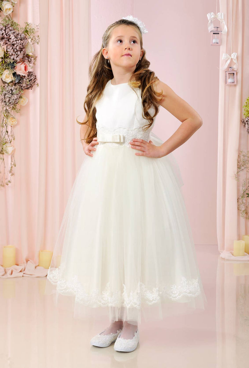First Communion Satin and Tulle Dress – White Handcrafted Dress with E