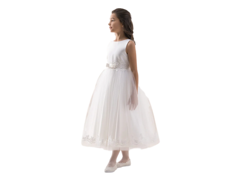 First Communion Satin and Tulle Dress – White Handcrafted Dress with Embroidered Lace – Made in Poland