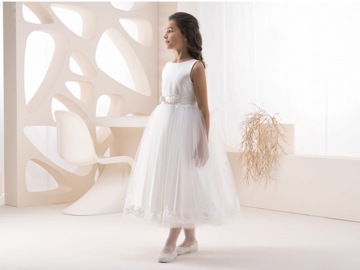 First Communion Satin and Tulle Dress – White Handcrafted Dress with Embroidered Lace – Made in Poland