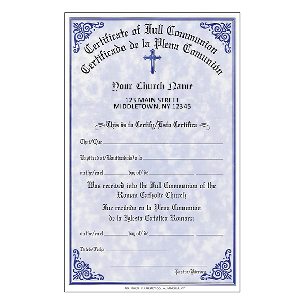Full Communion Certificate w/ Notations on the Back Imprinted - #170