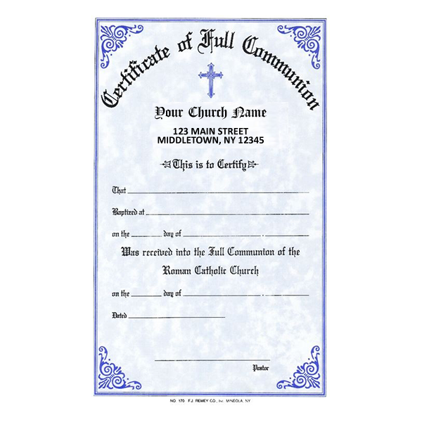 Full Communion Certificate w/ Notations on the Back Imprinted - #170