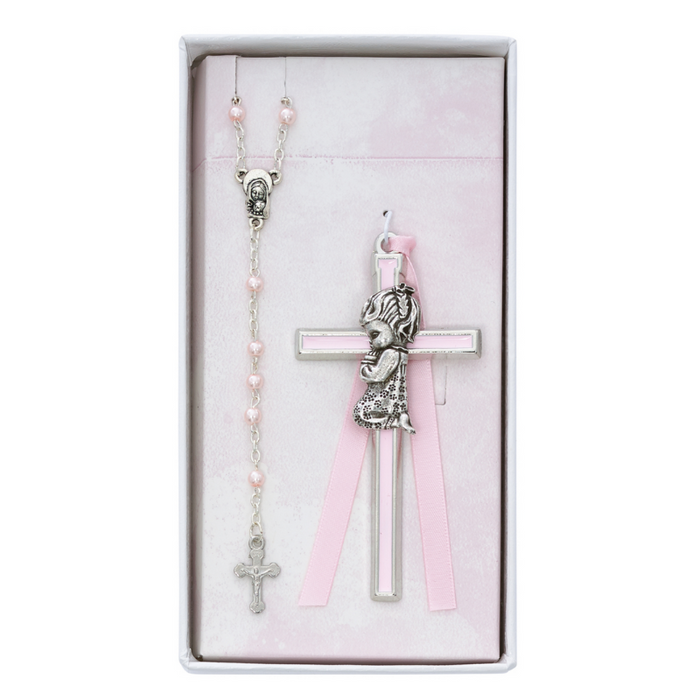 Girl's Rhodium Cross and Rosary Set - Pink