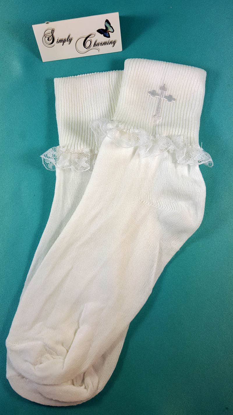 Girl's First Communion Lace Socks with Cross – White Lace Socks for Communion Day (Size 7-8.5)
