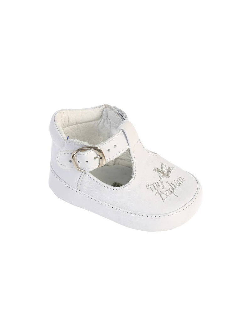 Girl’s Leather Baptism Shoes with T-Strap and Embroidery – White Christening Shoes for Babies and Toddlers