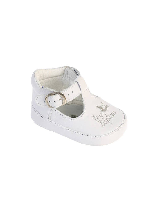 Girl’s Leather Baptism Shoes with T-Strap and Embroidery – White Christening Shoes for Babies and Toddlers
