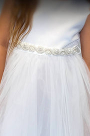 Girls First Communion Dress – Full-Length Satin & Tulle Gown with Wavy Pearl & Rhinestone Waist Trim