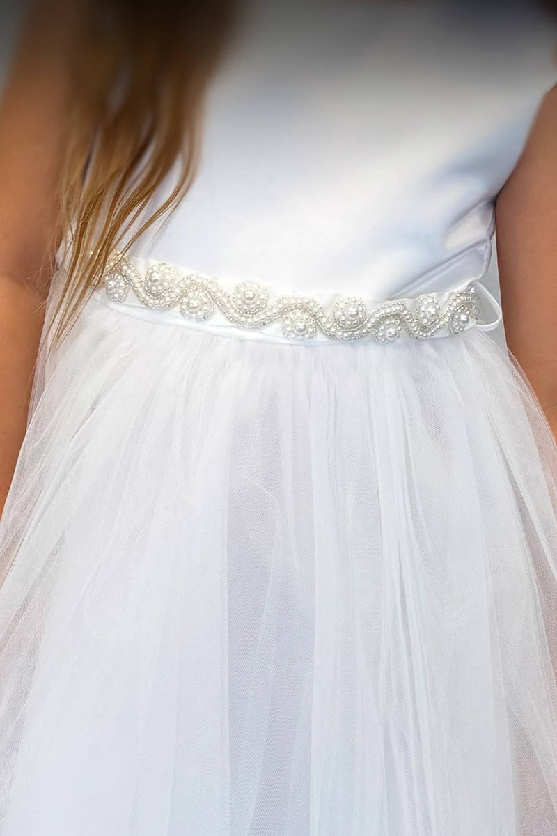 Girls First Communion Dress – Full-Length Satin & Tulle Gown with Wavy Pearl & Rhinestone Waist Trim