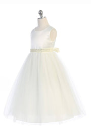 Girls First Communion Dress – Full-Length Satin & Tulle Gown with Wavy Pearl & Rhinestone Waist Trim