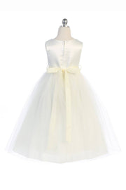 Girls First Communion Dress – Full-Length Satin & Tulle Gown with Wavy Pearl & Rhinestone Waist Trim