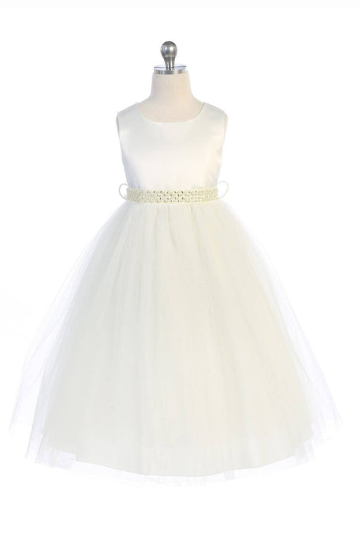 Girls First Communion Dress – Full-Length Satin & Tulle Gown with Wavy Pearl & Rhinestone Waist Trim