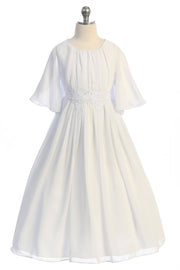 Girls First Communion Dress – Long Chiffon Butterfly Sleeve Gown with Shirred Bodice & Lace Trim – Available in Plus Sizes