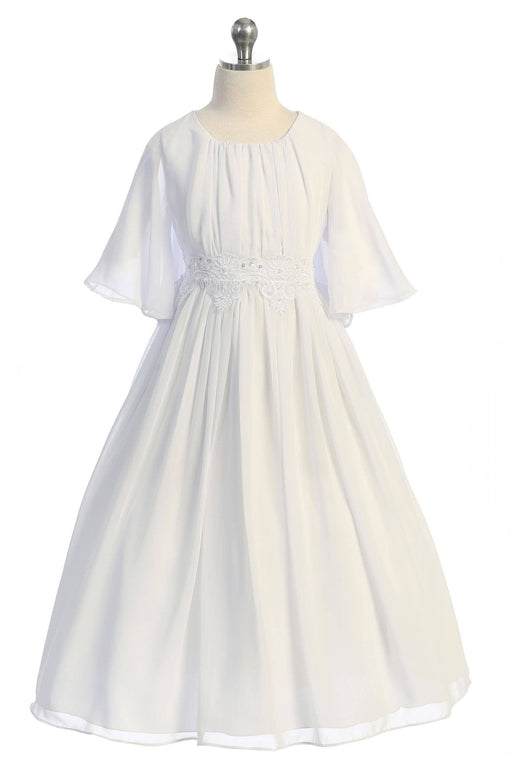 Girls First Communion Dress – Long Chiffon Butterfly Sleeve Gown with Shirred Bodice & Lace Trim – Available in Plus Sizes
