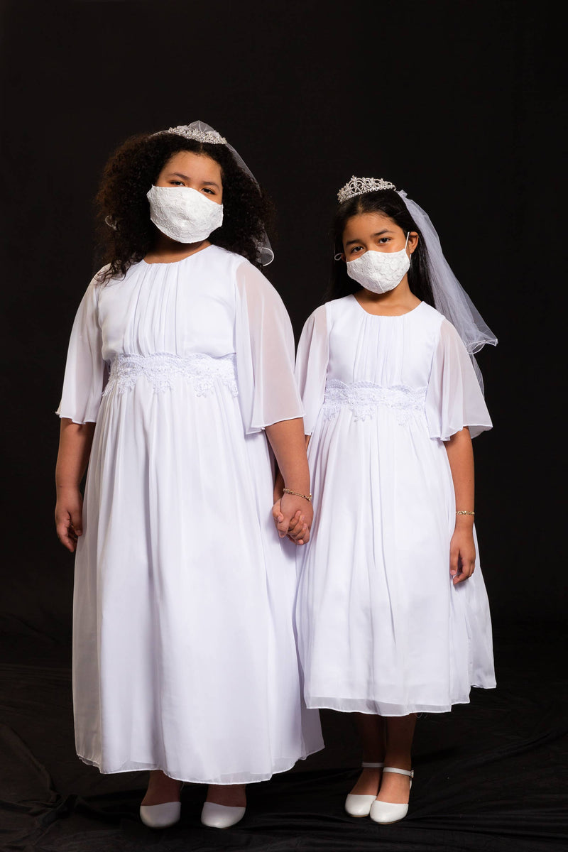 Girls First Communion Dress – Long Chiffon Butterfly Sleeve Gown with Shirred Bodice & Lace Trim – Available in Plus Sizes