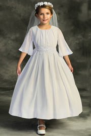 Girls First Communion Dress – Long Chiffon Butterfly Sleeve Gown with Shirred Bodice & Lace Trim – Available in Plus Sizes