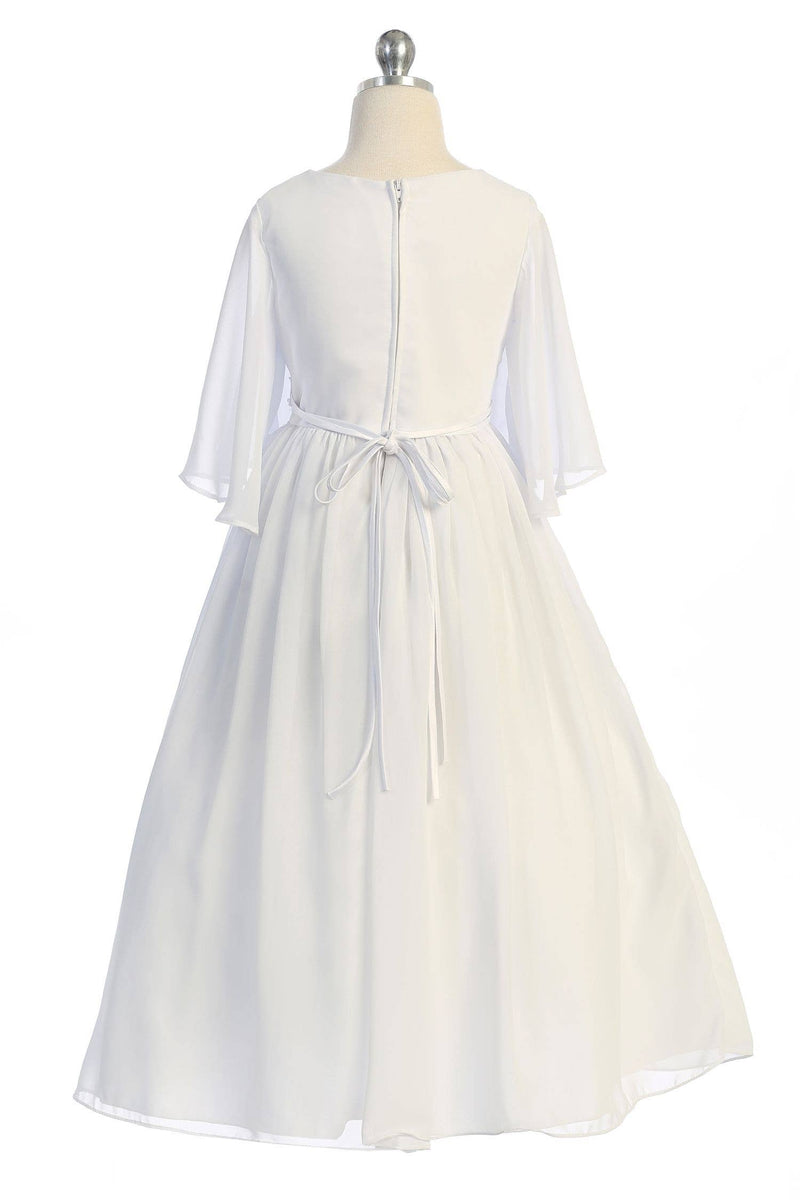 Girls First Communion Dress – Long Chiffon Butterfly Sleeve Gown with Shirred Bodice & Lace Trim – Available in Plus Sizes