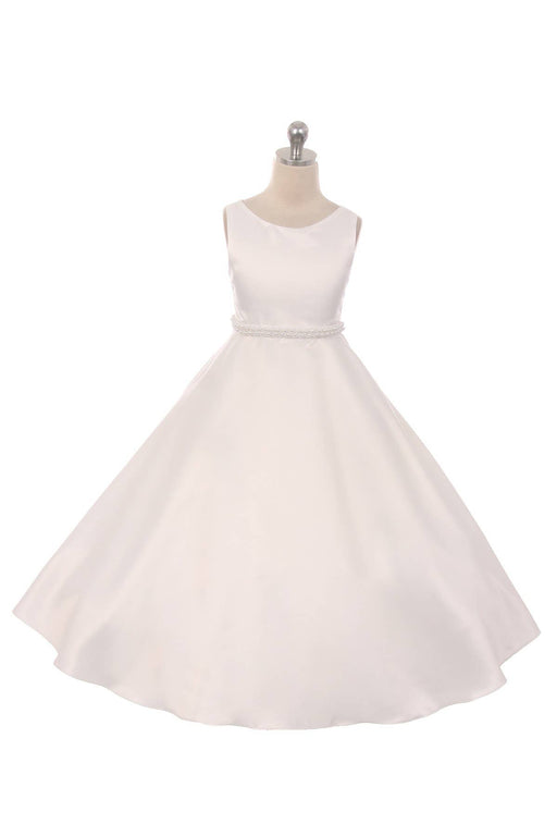 Girls First Communion Dress – Long Satin A-Line Gown with Pearl Trim Waist – Sash Back, Available in Plus Sizes