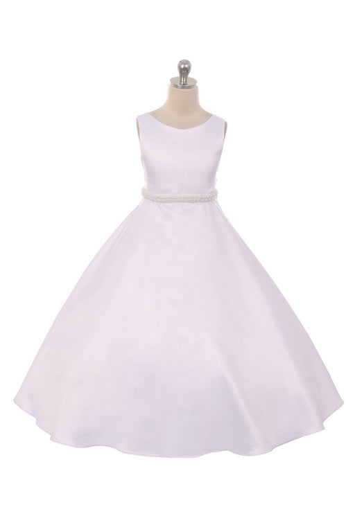 Girls First Communion Dress – Long Satin A-Line Gown with Pearl Trim Waist – Sash Back, Available in Plus Sizes