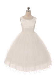 Girls First Communion Dress with Lace Trim – Long Tulle Skirt, Satin Bodice, Beaded Waist