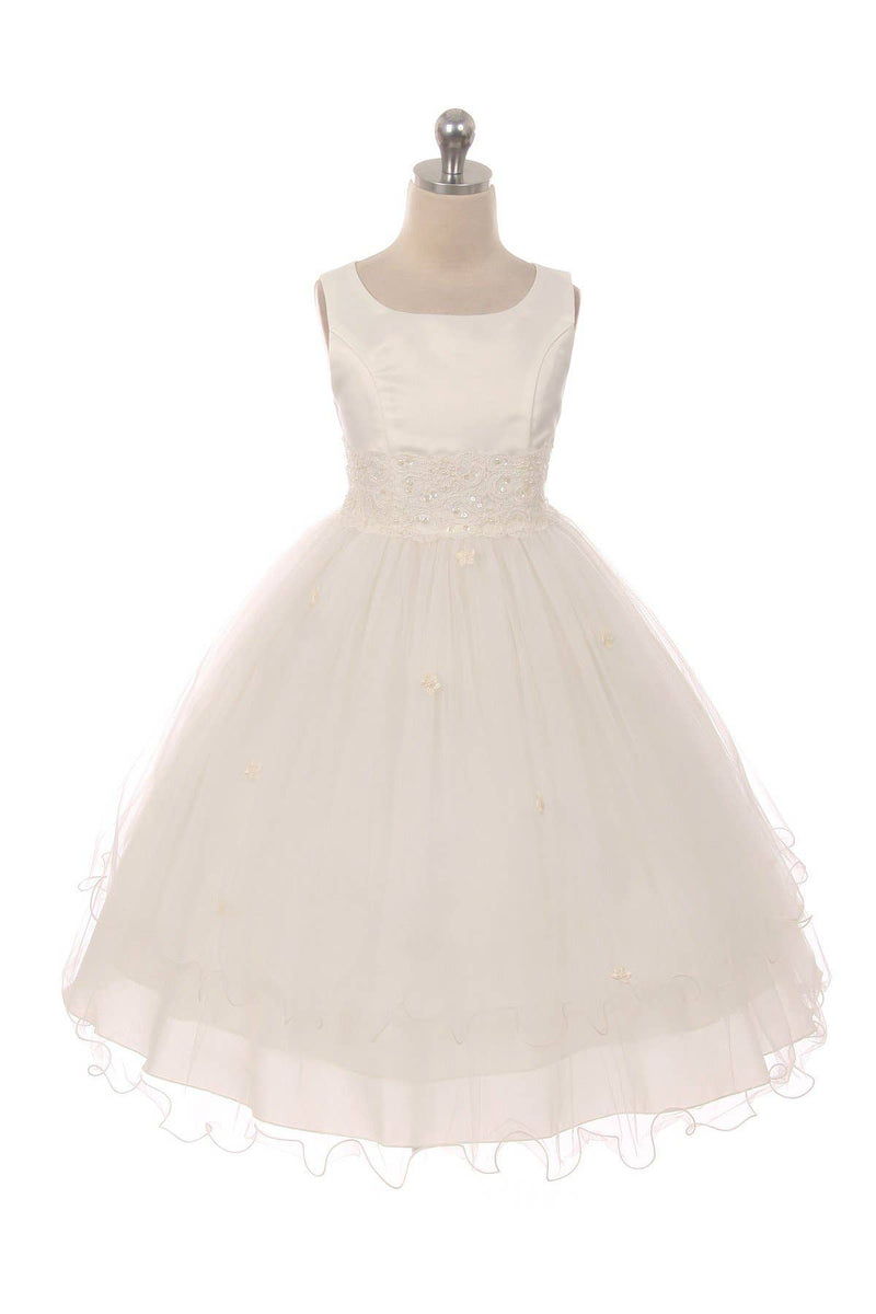 Girls First Communion Dress with Lace Trim – Long Tulle Skirt, Satin Bodice, Beaded Waist