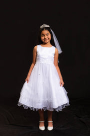 Girls First Communion Dress with Lace Trim – Long Tulle Skirt, Satin Bodice, Beaded Waist