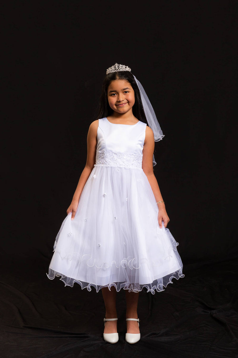 Girls First Communion Dress with Lace Trim – Long Tulle Skirt, Satin Bodice, Beaded Waist