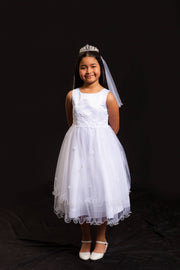 Girls First Communion Dress with Lace Trim – Long Tulle Skirt, Satin Bodice, Beaded Waist