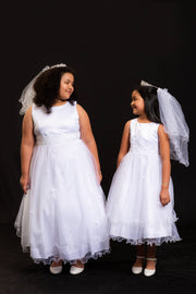 Girls First Communion Dress with Lace Trim – Long Tulle Skirt, Satin Bodice, Beaded Waist
