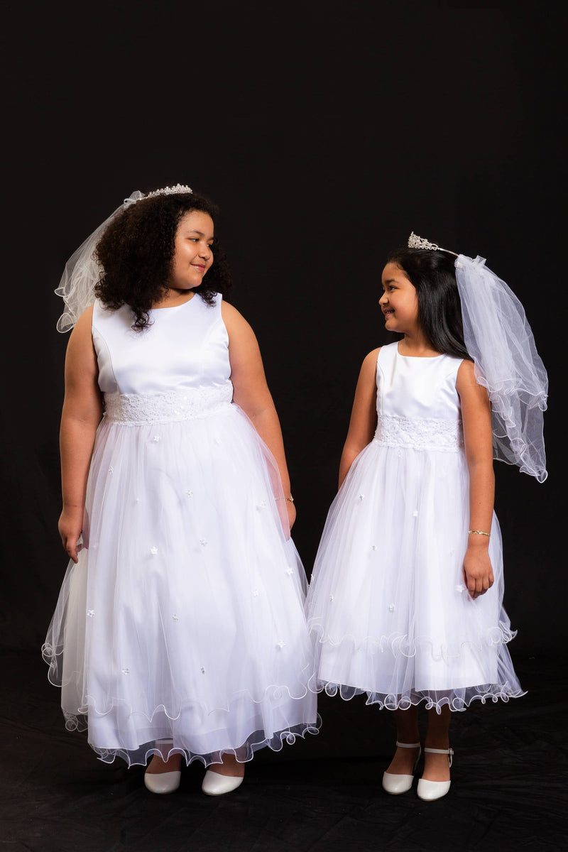 Girls First Communion Dress with Lace Trim – Long Tulle Skirt, Satin Bodice, Beaded Waist