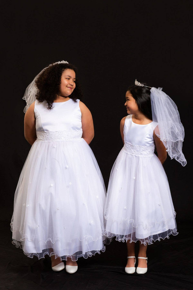 Girls First Communion Dress with Lace Trim – Long Tulle Skirt, Satin Bodice, Beaded Waist