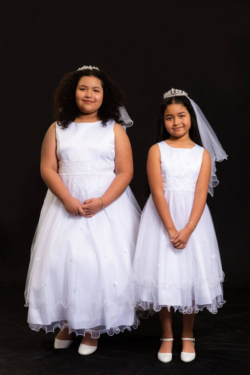 Girls First Communion Dress with Lace Trim – Long Tulle Skirt, Satin Bodice, Beaded Waist