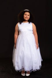 Girls First Communion Dress with Lace Trim – Long Tulle Skirt, Satin Bodice, Beaded Waist