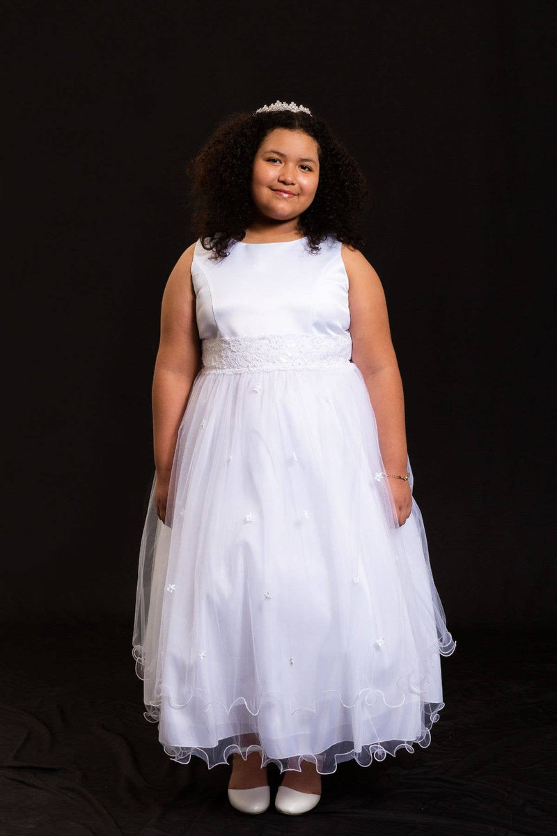 Girls First Communion Dress with Lace Trim – Long Tulle Skirt, Satin Bodice, Beaded Waist