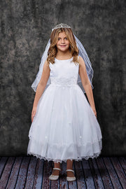 Girls First Communion Dress with Lace Trim – Long Tulle Skirt, Satin Bodice, Beaded Waist