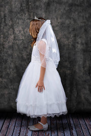 Girls First Communion Dress with Lace Trim – Long Tulle Skirt, Satin Bodice, Beaded Waist