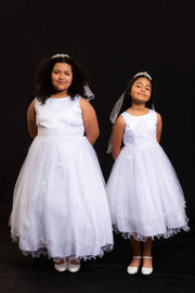 Girls First Communion Dress with Lace Trim – Long Tulle Skirt, Satin Bodice, Beaded Waist