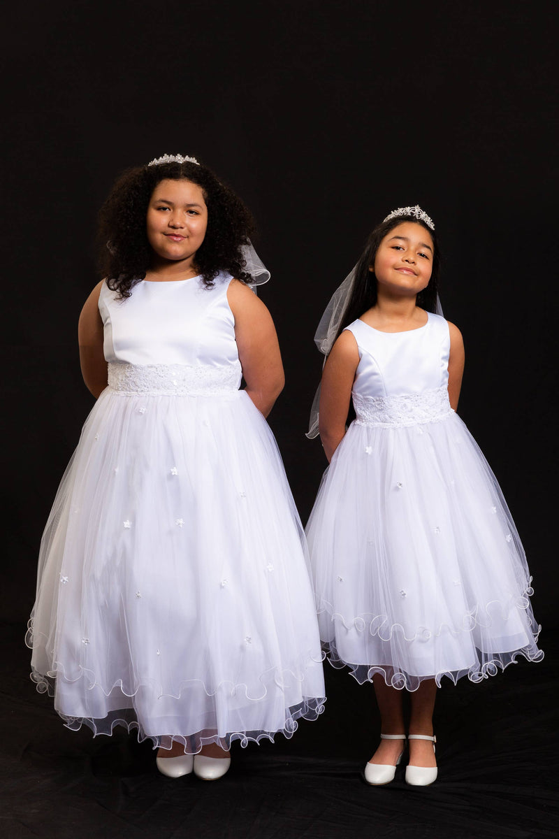 Girls First Communion Dress with Lace Trim – Long Tulle Skirt, Satin Bodice, Beaded Waist