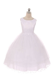Girls First Communion Dress with Lace Trim – Long Tulle Skirt, Satin Bodice, Beaded Waist