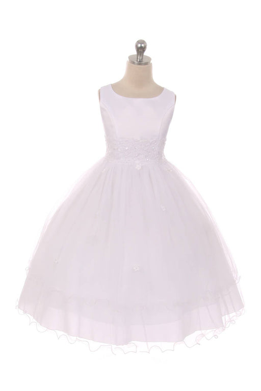 Girls First Communion Dress with Lace Trim – Long Tulle Skirt, Satin Bodice, Beaded Waist