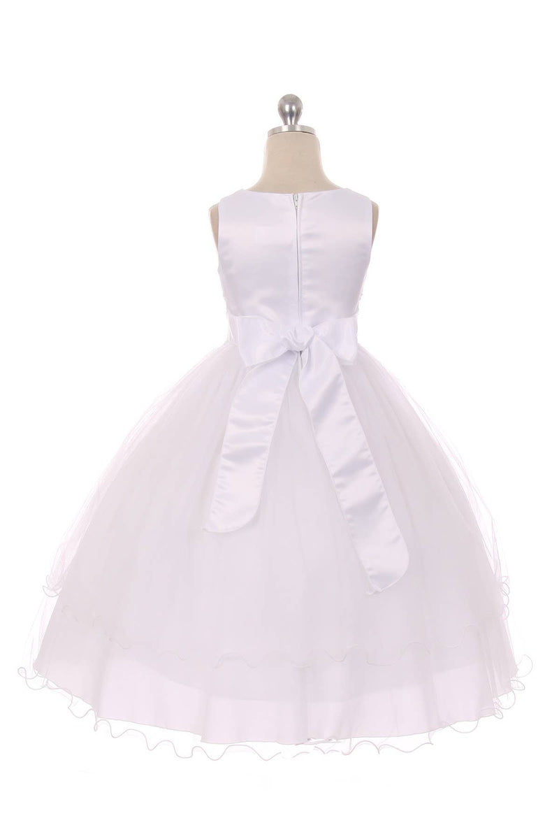 Girls First Communion Dress with Lace Trim – Long Tulle Skirt, Satin Bodice, Beaded Waist