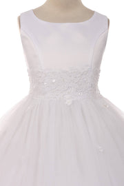 Girls First Communion Dress with Lace Trim – Long Tulle Skirt, Satin Bodice, Beaded Waist