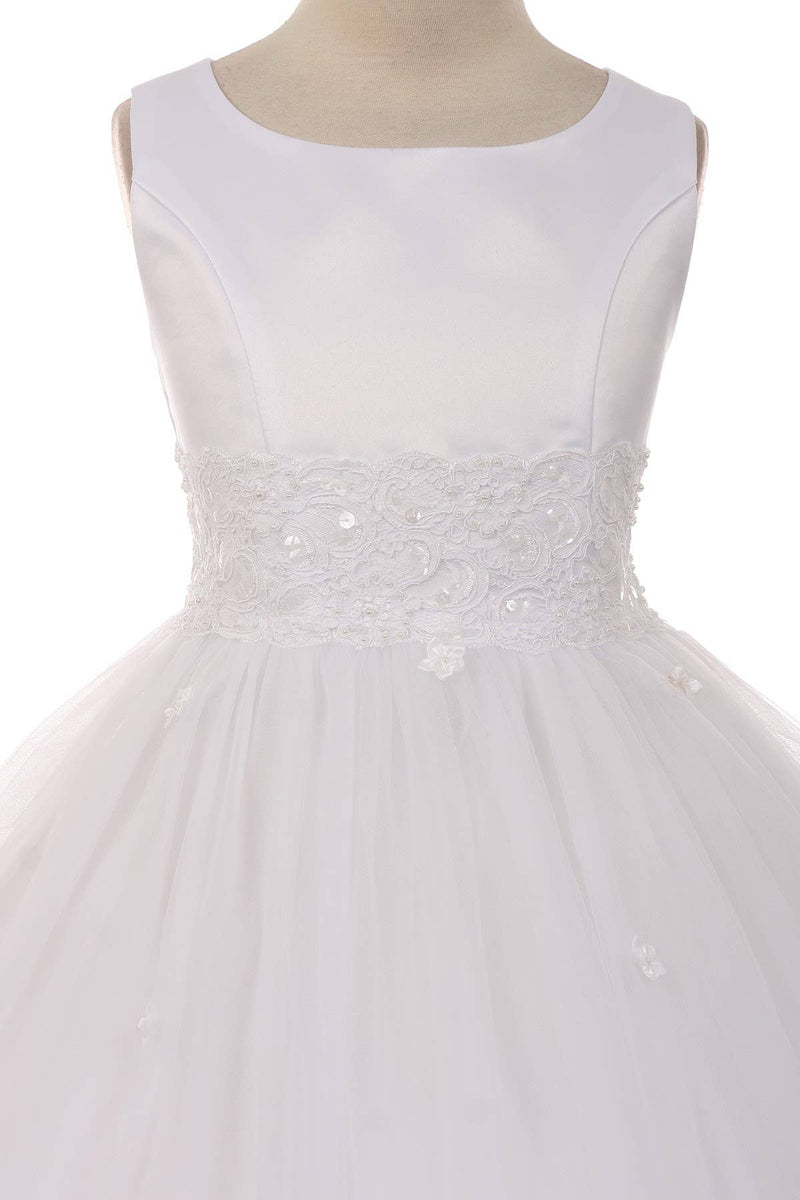 Girls First Communion Dress with Lace Trim – Long Tulle Skirt, Satin Bodice, Beaded Waist