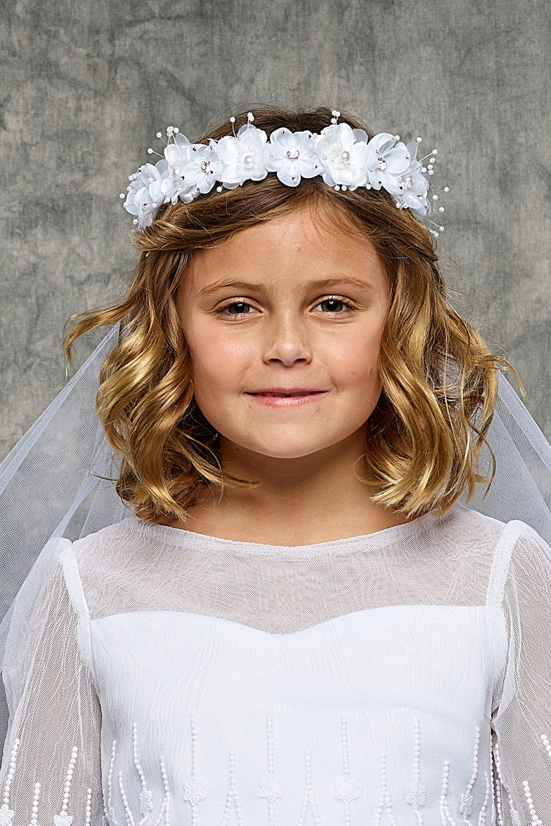 Girls First Communion Flower Crown Veil – Gem & Pearl Accents with Bow and Comb – 21-Inch Veil