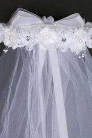 Girls First Communion Flower Crown Veil – Gem & Pearl Accents with Bow and Comb – 21-Inch Veil