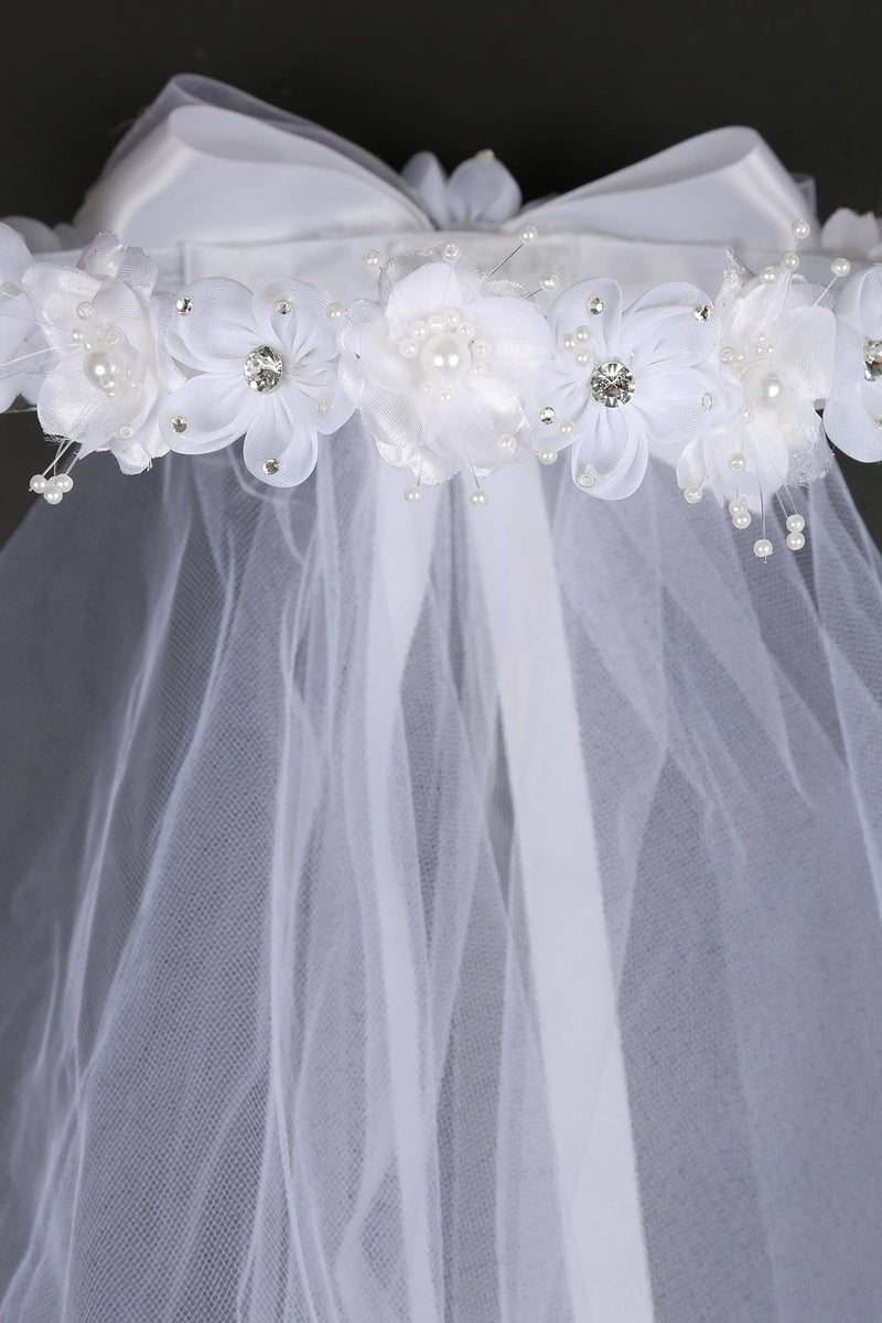 Girls First Communion Flower Crown Veil – Gem & Pearl Accents with Bow and Comb – 21-Inch Veil