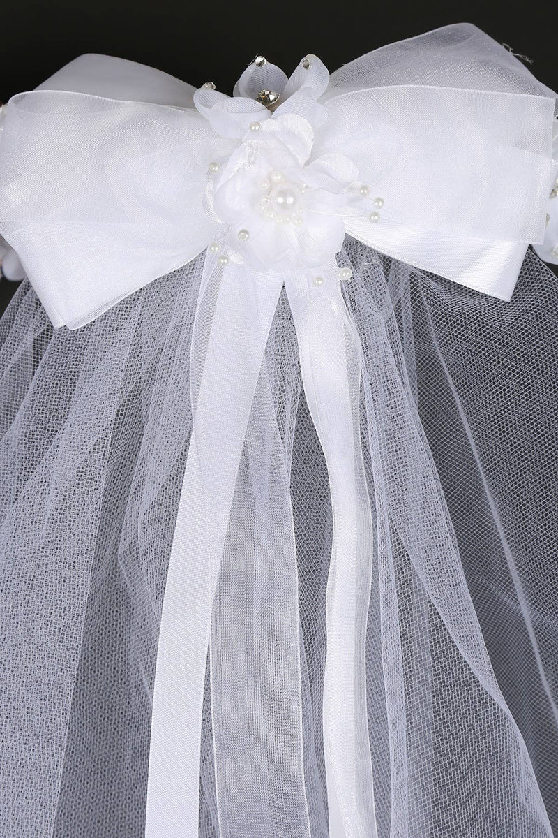 Girls First Communion Flower Crown Veil – Gem & Pearl Accents with Bow and Comb – 21-Inch Veil